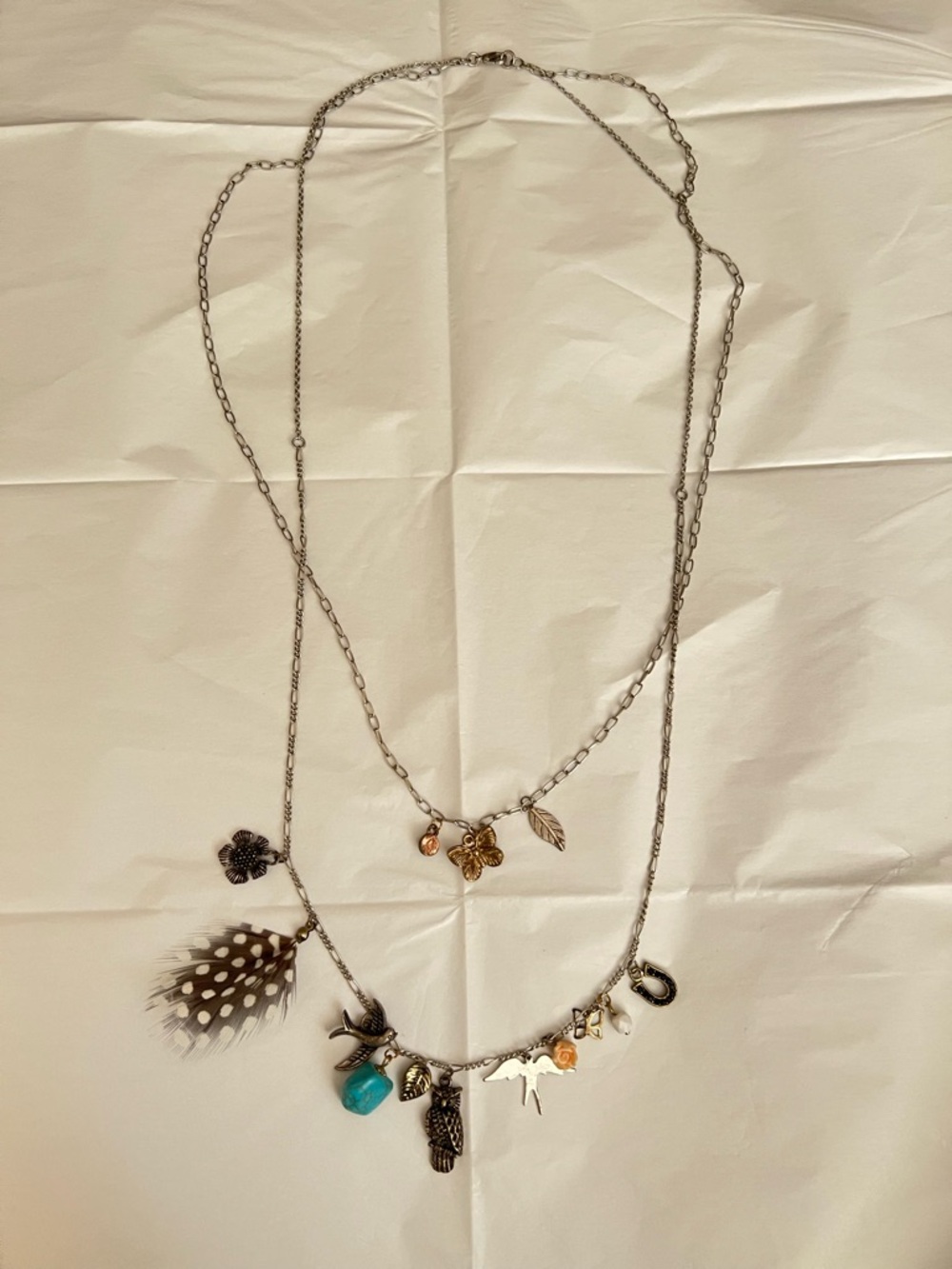 Boho Multi-Charm Layered Silver Tone Necklace with Turquoise and Feather Accents
